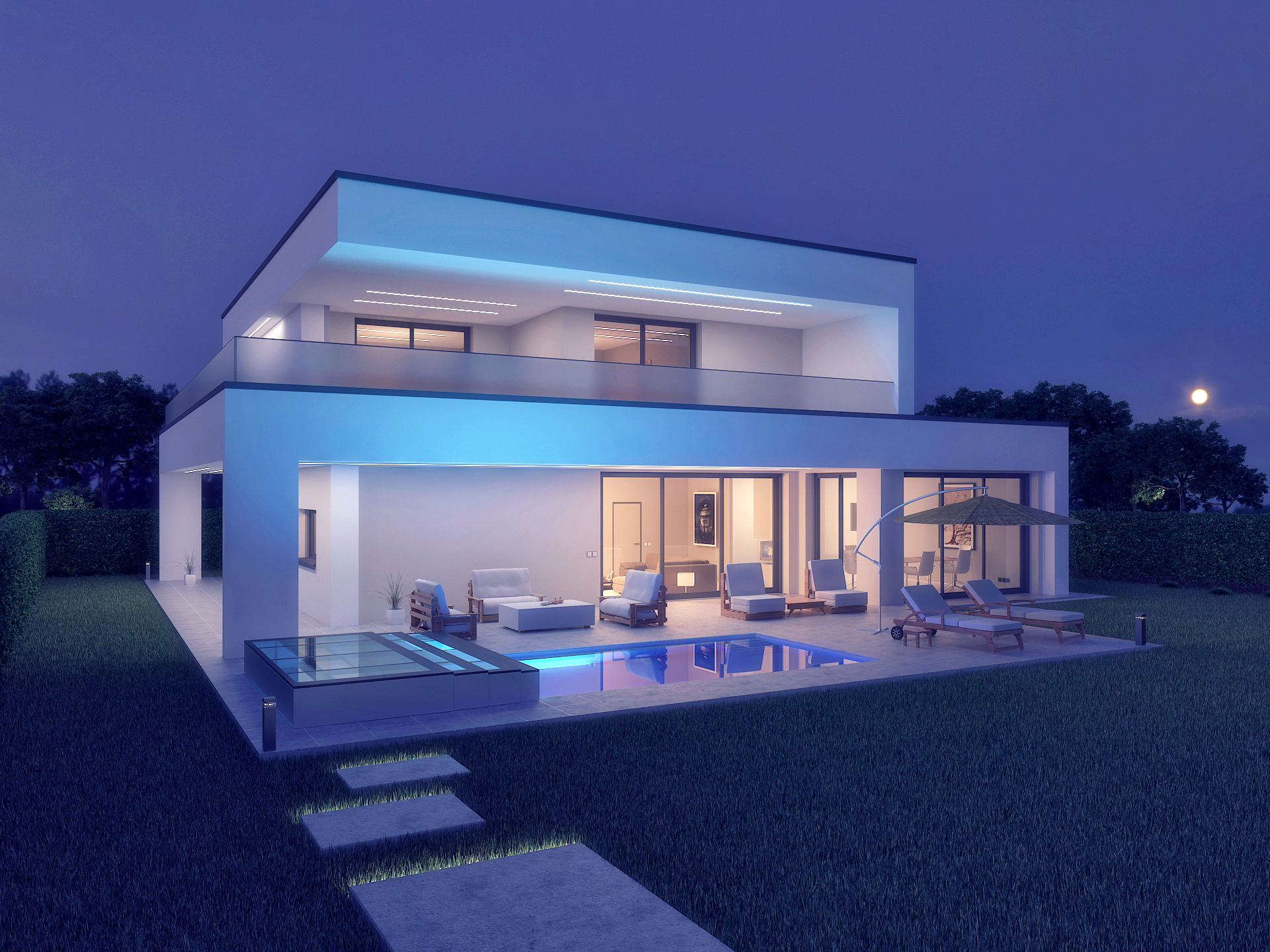 Visualisierung Einfamilienhaus Nachtszene